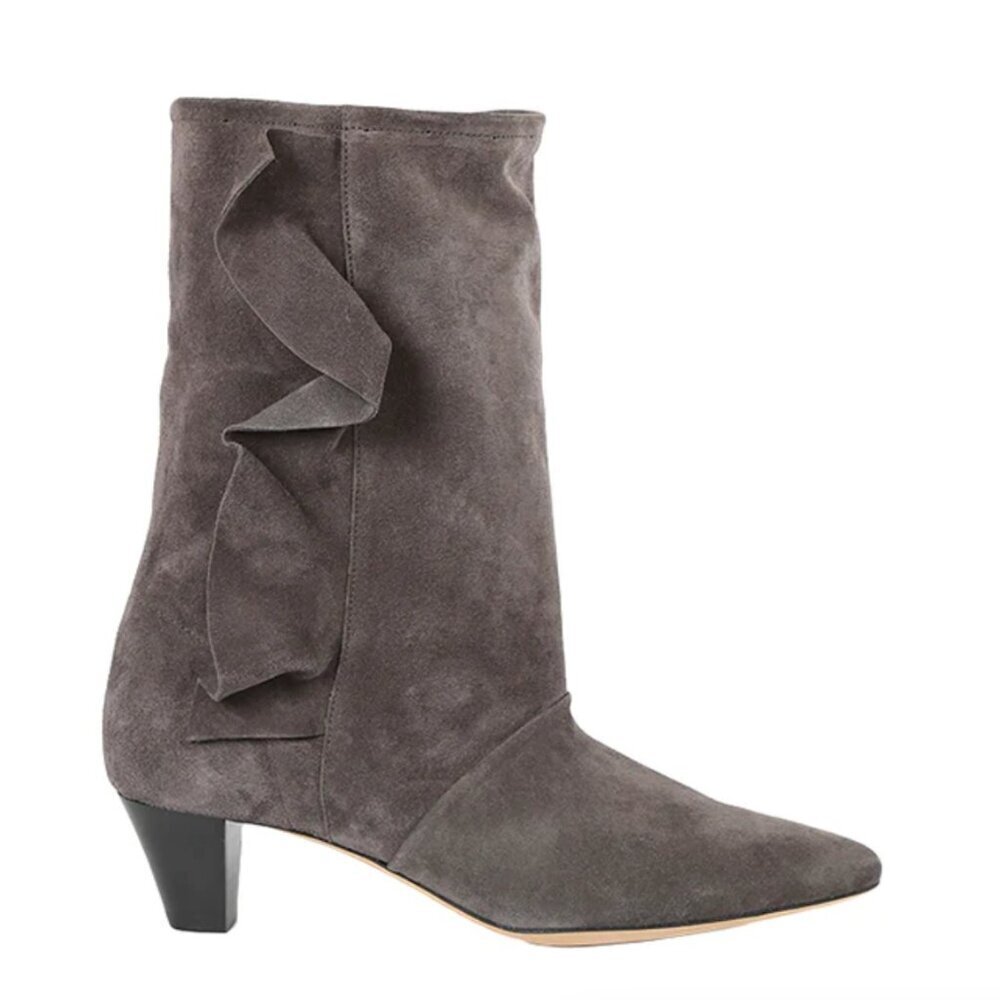 IRO FABITA Grey Suede Booties with Ruffle Detail Womens Size 37 // US 6.5